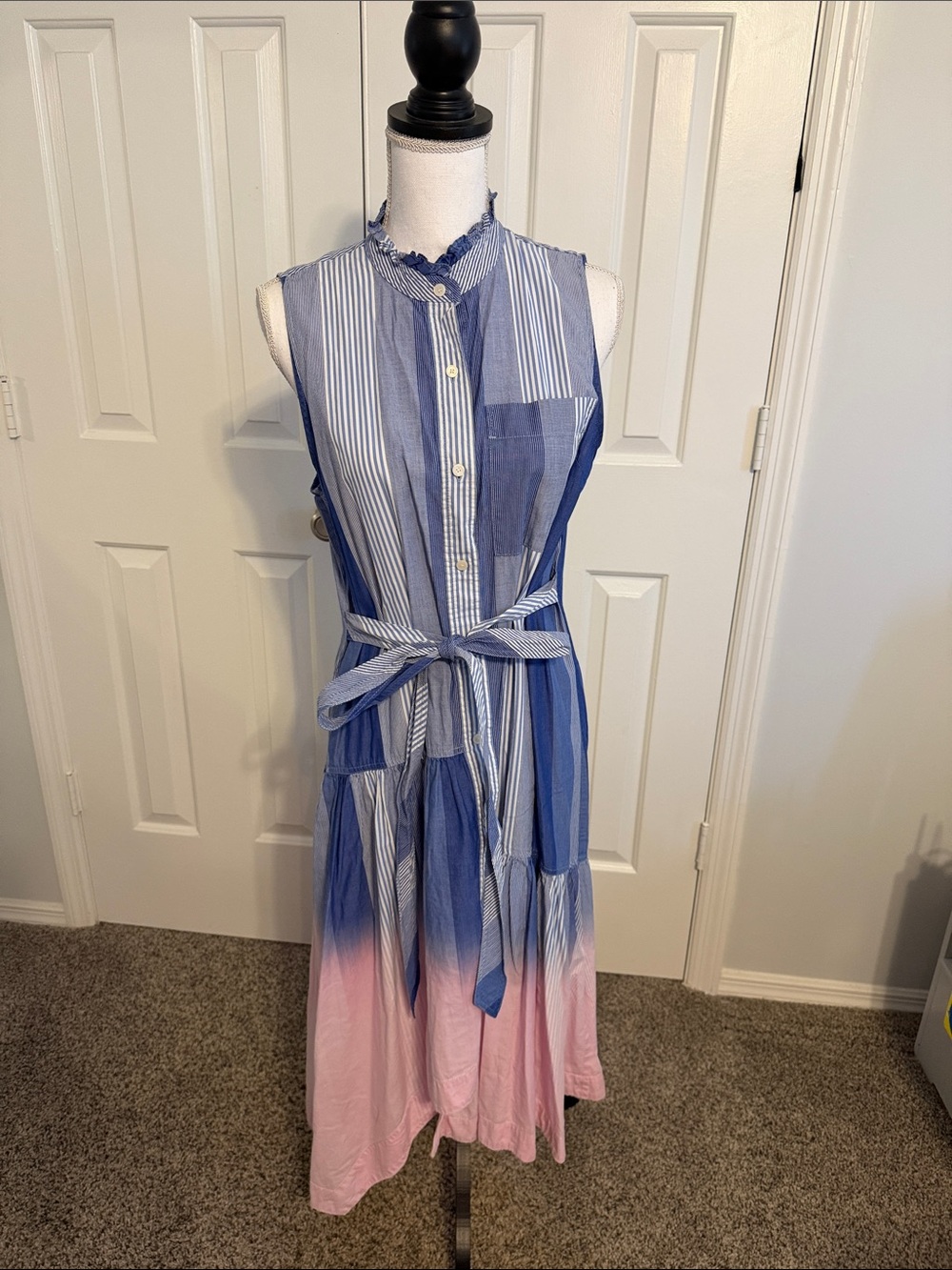 10 Crosby Derek Lam Blue and Pink Striped Sleeveless Ombre Shirt Dress
